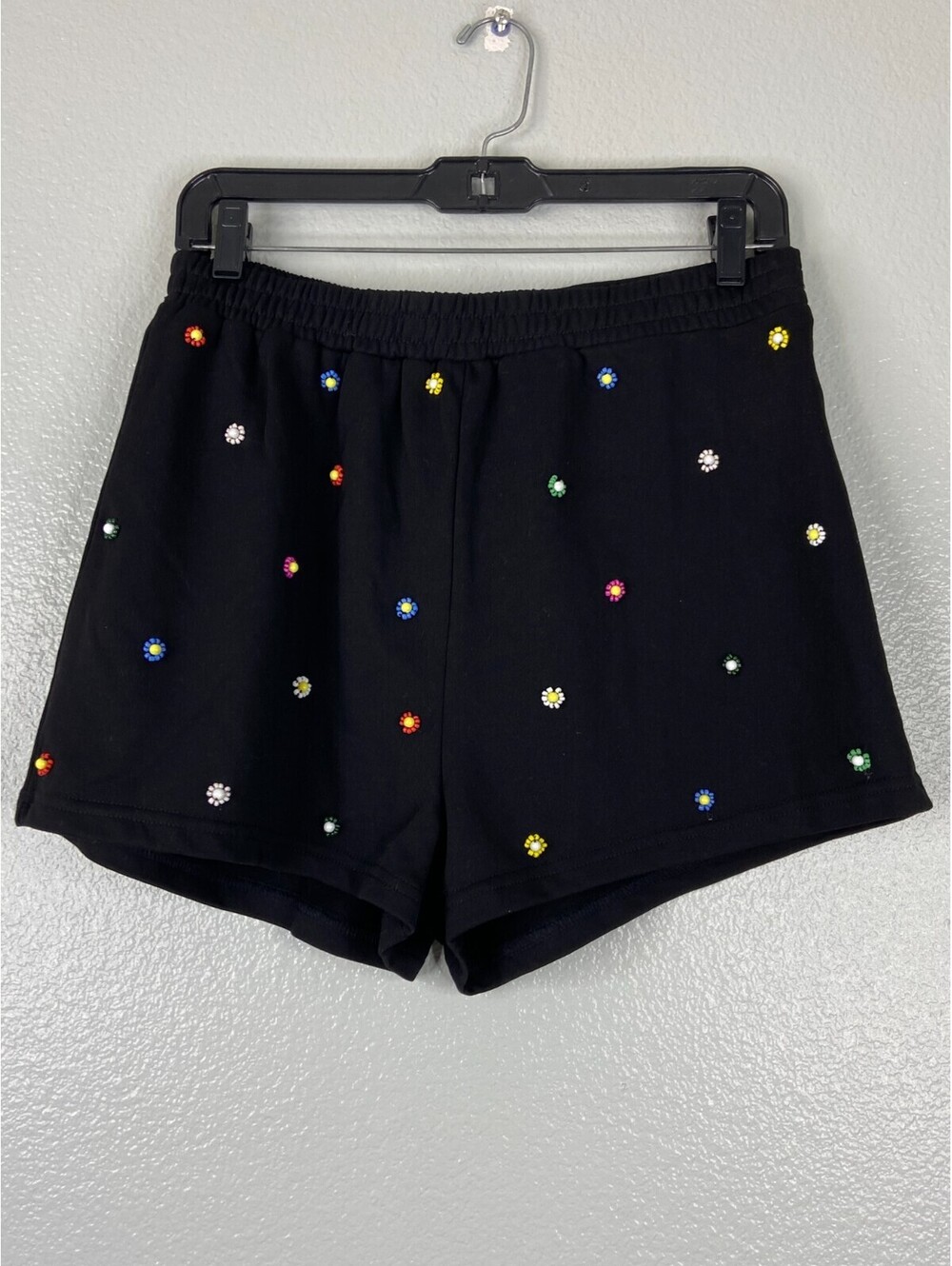 Mainstrip Women Large Black Shorts Bead Flower Embellishment Casual Lounge